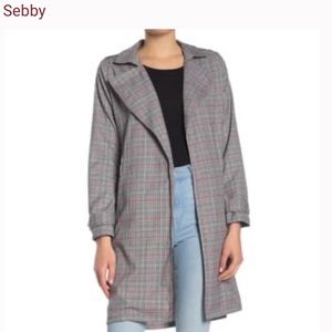*NWT* Sebby Collection Plaid Tie-Waist Trench Coat, Blk/Red - Womens Sz M